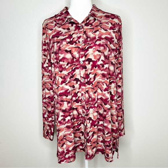 Susan Graver Tops - Susan Graver Womens Tan & Pink Camo Long Sleeve Button Down Tunic Top Size L